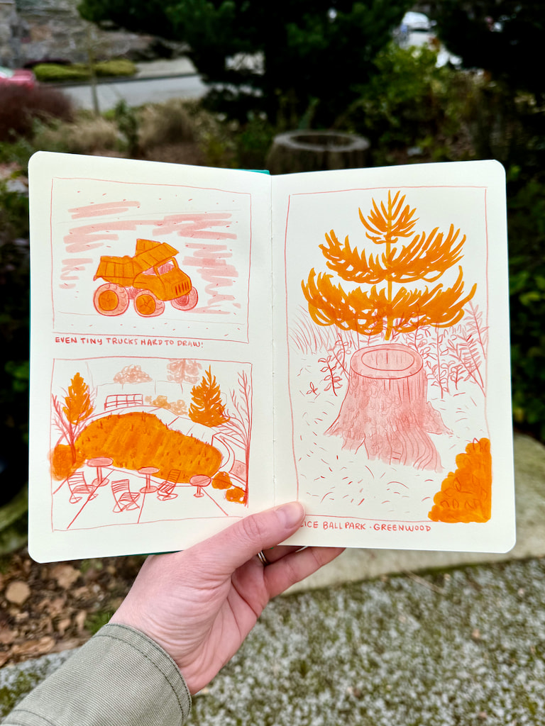 Bright orange and pink drawn scenes of a park, including an abandoned toy truck