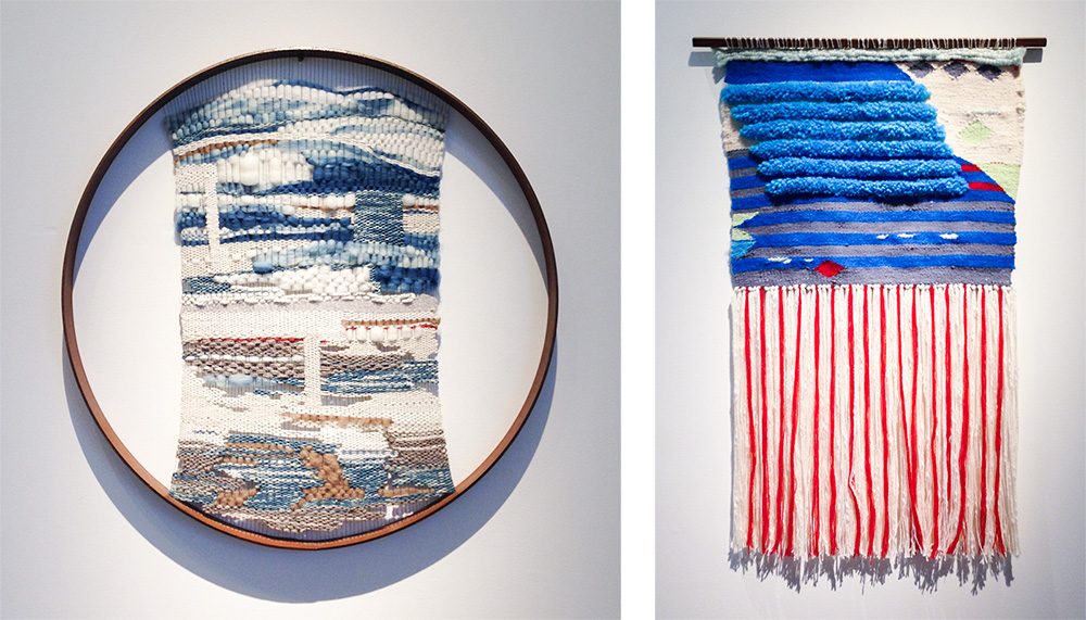 Circular tapestry by Analise Stukenborg and weaving by Sarah Sullivan that looks vaguely like an American flag
