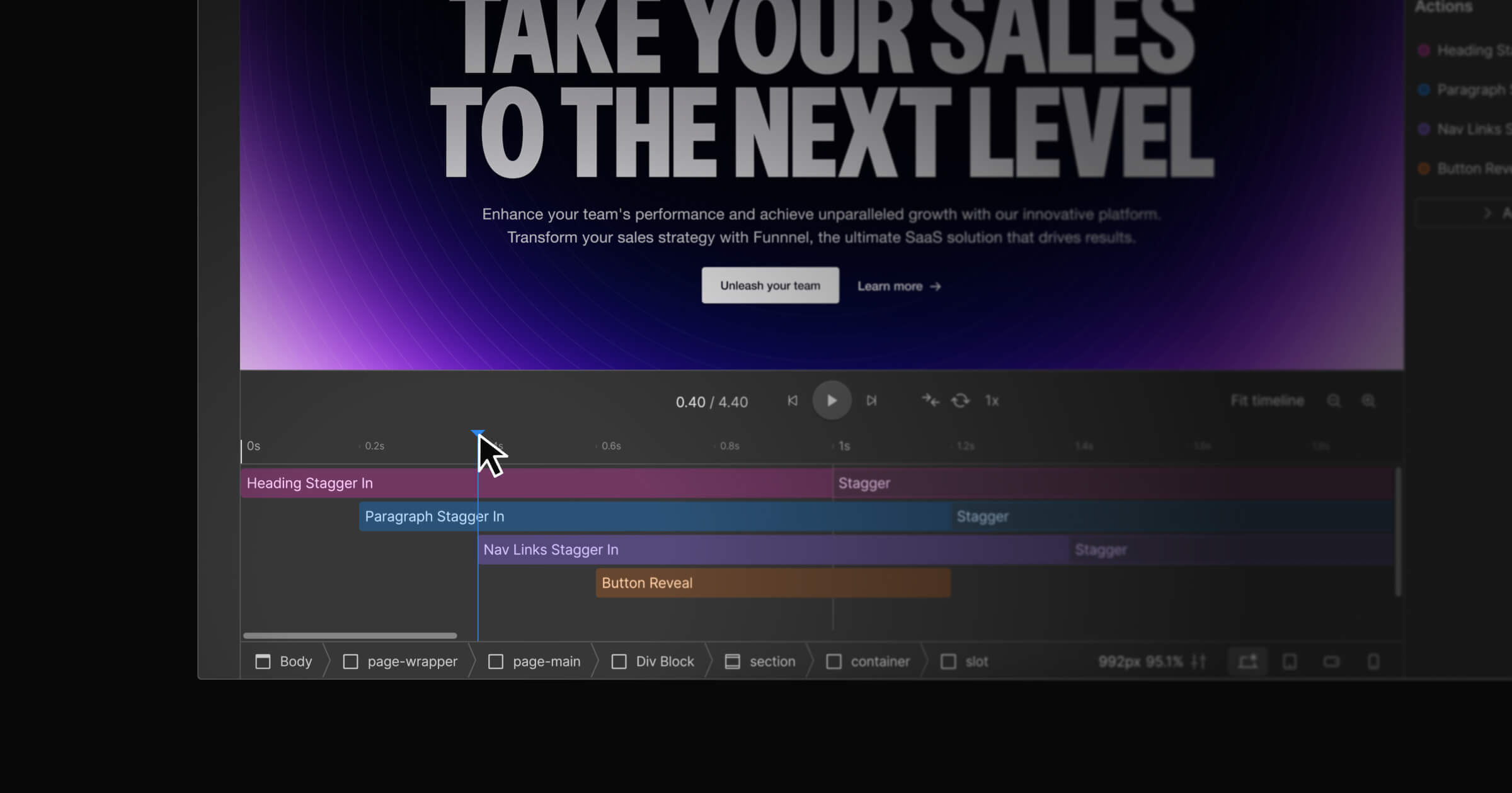 A multi-step animation visually represented on a horizontal timeline within the Webflow design editor