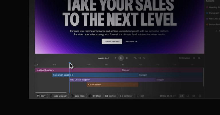 A multi-step animation visually represented on a horizontal timeline within the Webflow design editor