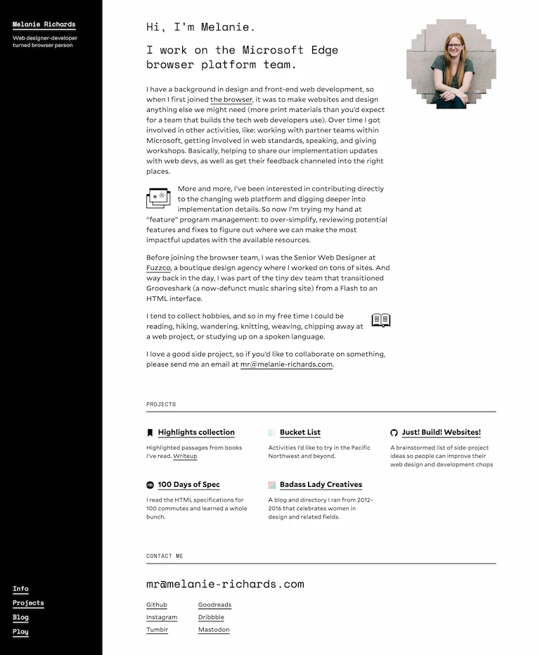 Home page with a black vertical navigation bar to the left of a main black-on-white area. There's a bio and a list of links to various projects. The body copy is sans serif, with decorations and headlines in a more pixely vibe.