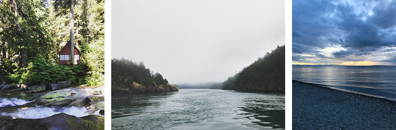 Three images: a small cabin near a creek, a moody horizon on the Puget Sound, and the sun nearly set across the bay