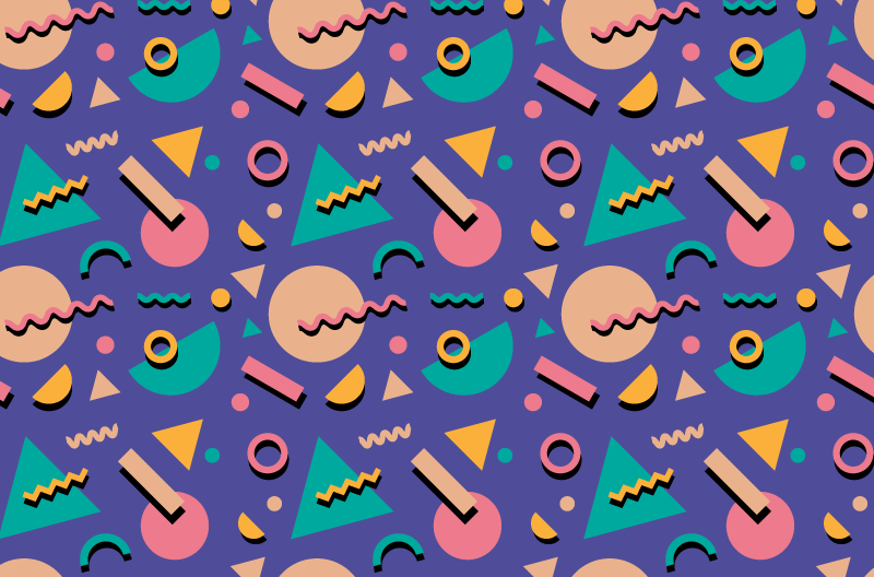 A repeating pattern in 90s flair, with floating, flat geometric shapes in bright colors.