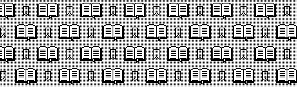 A repeating pattern of open books and notched bookmarks. Both illustrations are done in black and white pixel art on a light grey background.
