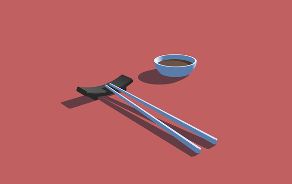 A 3D art scene with chopsticks lying on a chopstick rest, next to a little ramekin of soy sauce