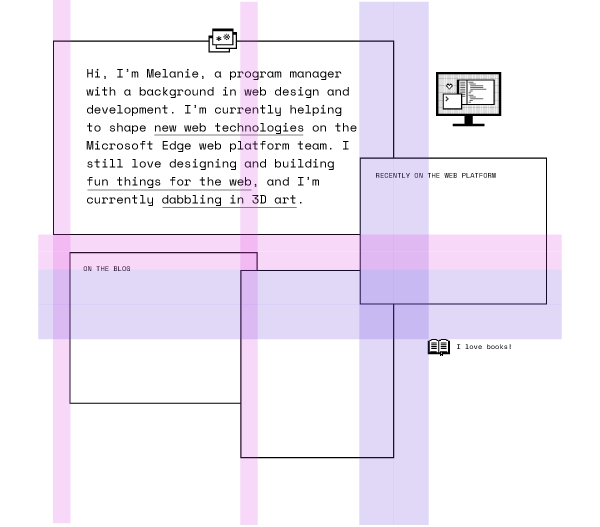 A few, mostly empty boxes overlapping each other, with transparent purple and pink overlays marking where the overlaps occur. This digital sketch lacks most of the content in the final design.