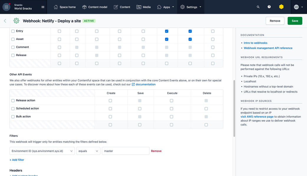 Contentful webhooks settings. There's a grid of checkboxes for various different combinations of events, a filters section, and a headers section