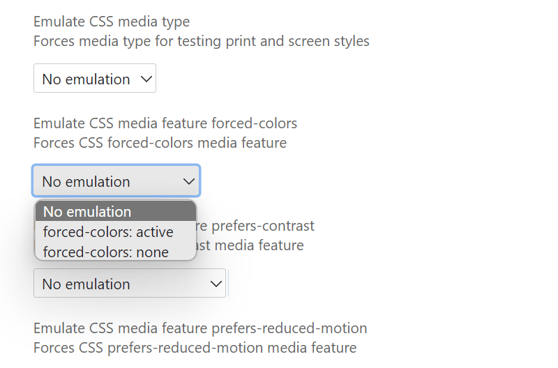 The emulate forced colors mode feature in Chromium DevTools, showing options for forced-colors: active and forced-colors: none