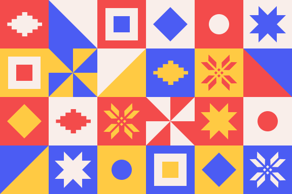 A very bright, geometric pattern of vector quilt-block shapes done up in red, yellow, and blue.