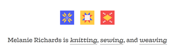Site header that says Melanie Richards is knitting, sewing, and weaving