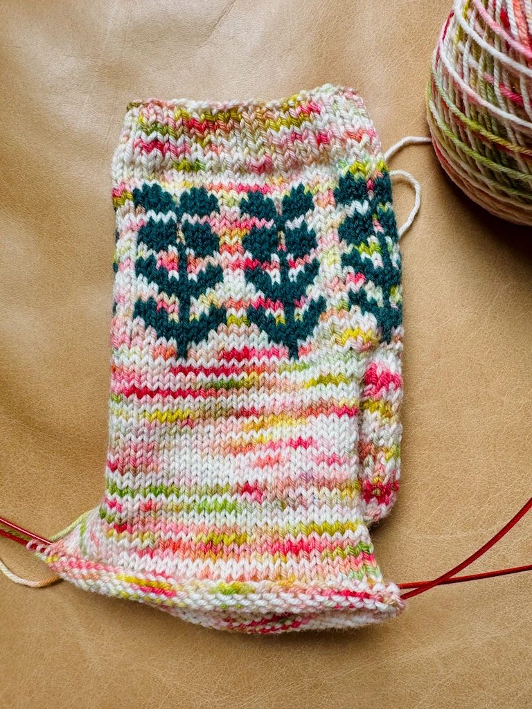 A sock still on a pair or circular knitting needles, being knitted from the cuff down. There’s a flower motif around the cuff in a deep teal color, and the body of the sock is in a variegated yarn of pinks, creams, yellows, and springy greens.
