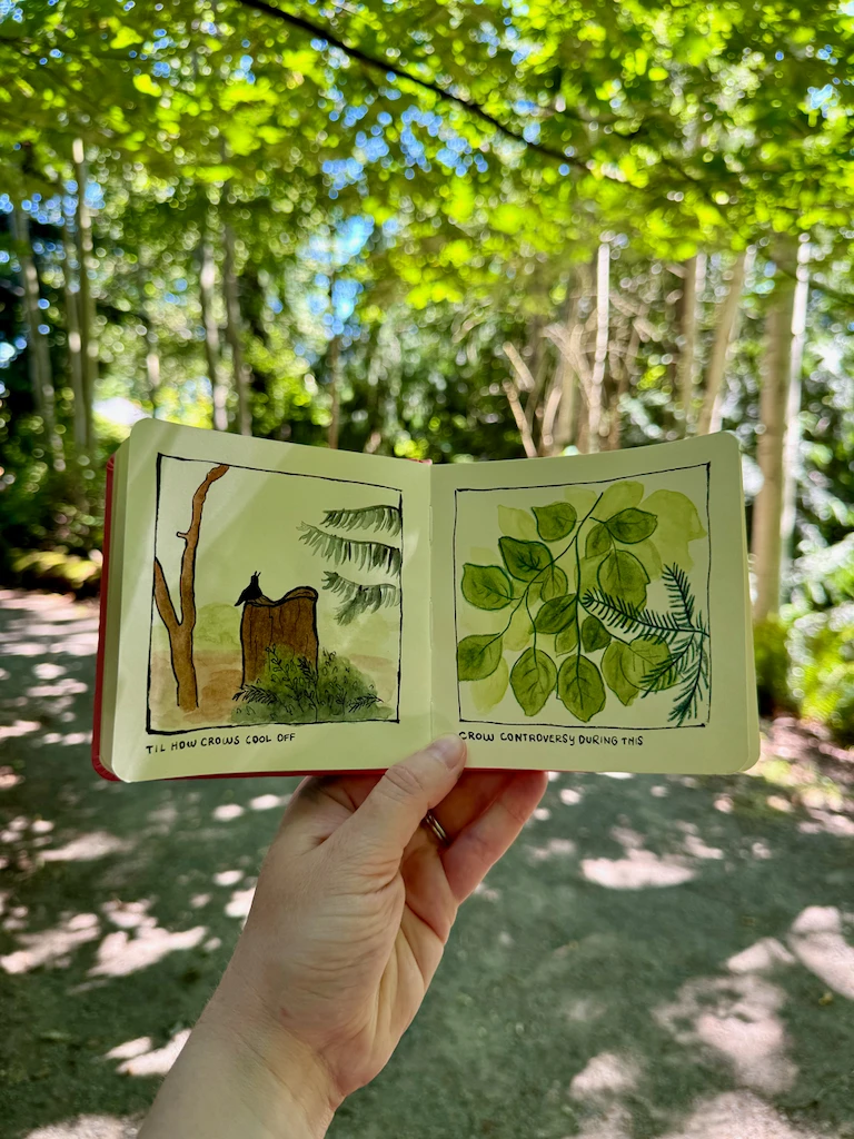 Me holding a small square sketchbook in a wooded glen, with a drawing of a crow holding its beak wide to cool down