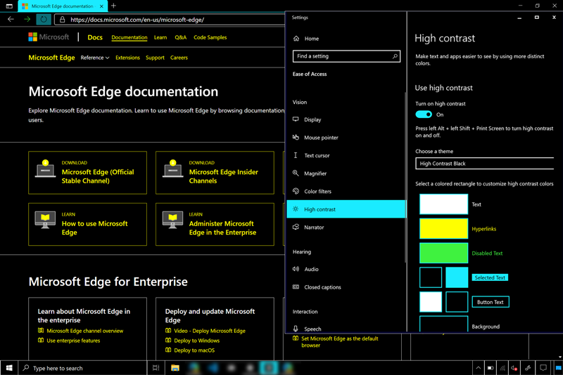 Windows, including a page in Microsoft Edge, rendered in a user's dark high contrast scheme