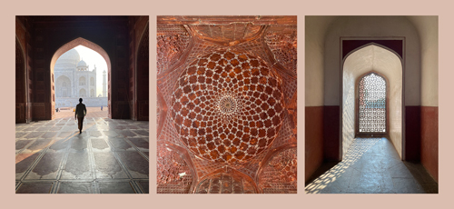 Light streaming through a pointed archway; terracotta mosque ceiling with an intricate white design inside a large circle; intricate ironwork in a geometric pattern