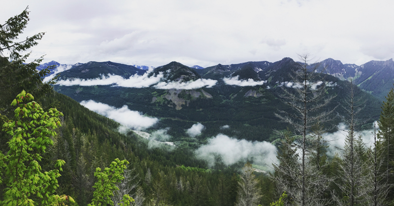 A chain of verdant mountains with a ring of fog hanging halfway up the peaks