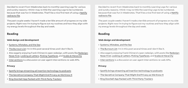 Side by side: dark text and links on the left, less contrasted text and links on the right