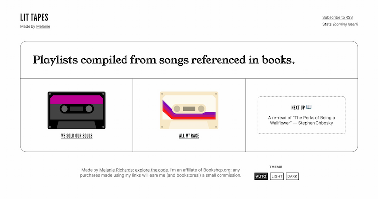 A tagline saying 'Playlists compiled from songs referenced in books.' Underneath are cassettes labeled with the titles of books, including for now 'We Sold Our Souls' and 'All My Rage'