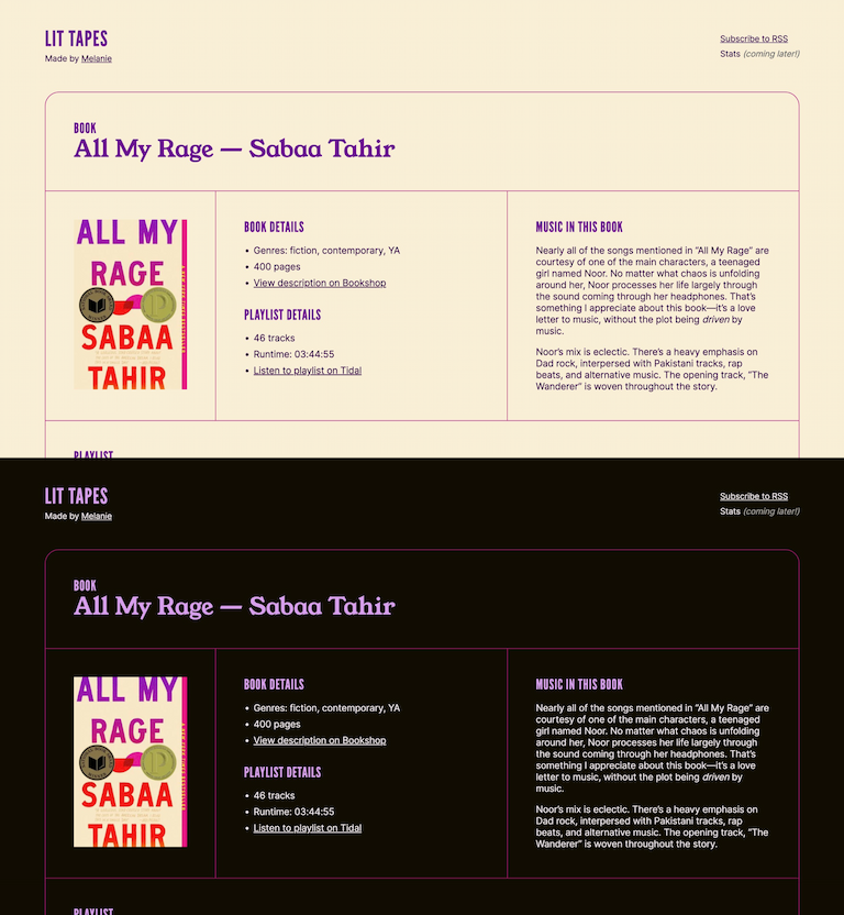 Two views of the 'All My Rage' page. One is a yellowy cream backgorund with violet text and border colors. The other is a very dark purple background and light purple text.