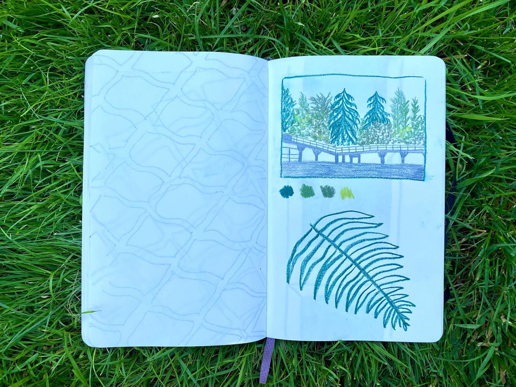 The tree scene in my sketchbook again, now with a fern drawn beneath it