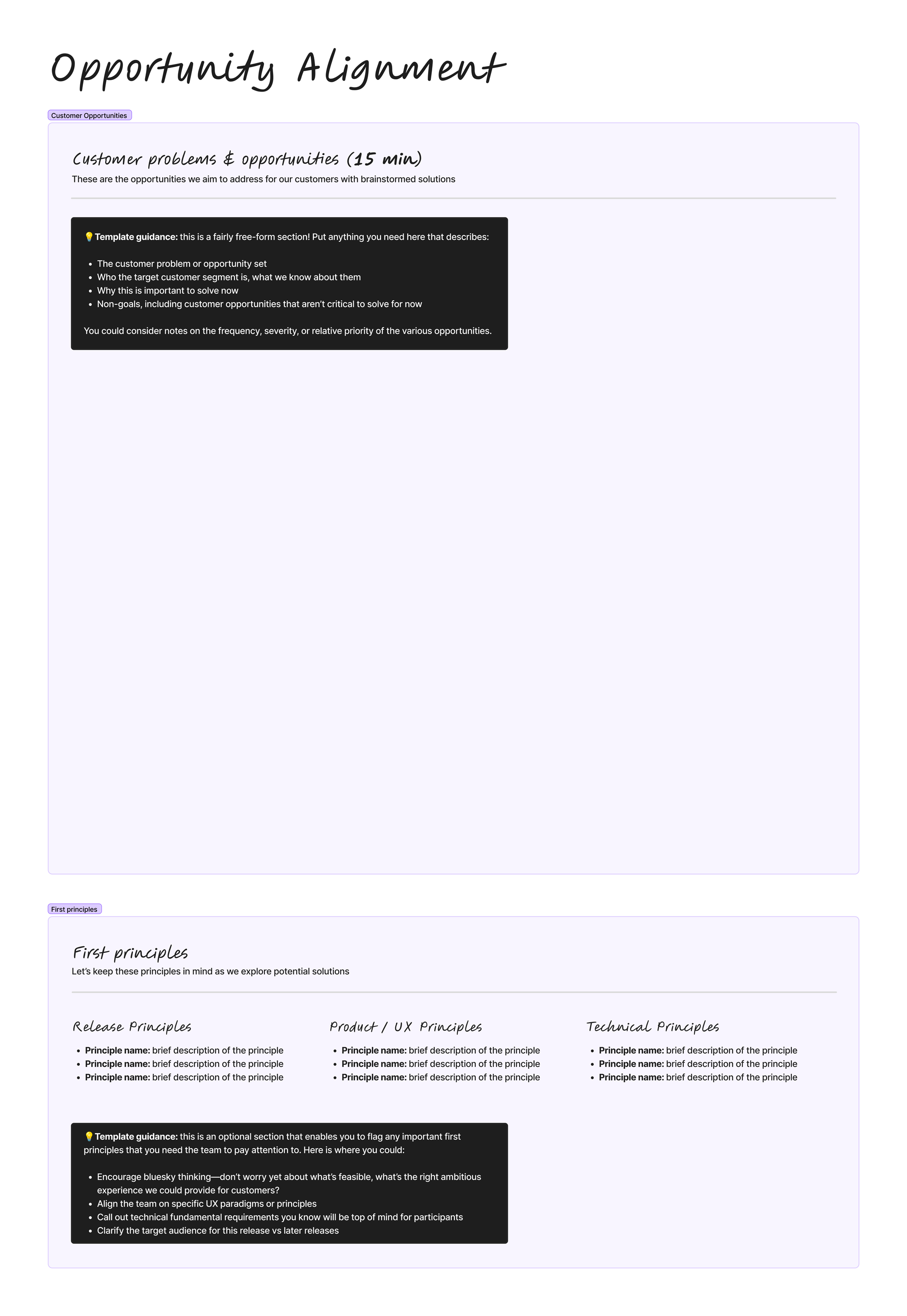 Sections in a Figjam file for customer problems and opportunities, as well as first principles