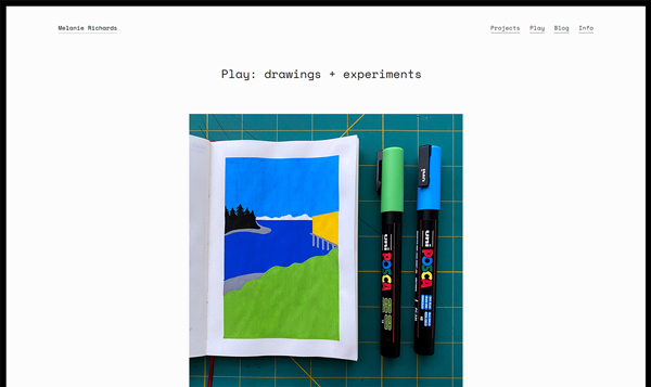 A page titled 'Play: drawings and experiments', with a paint marker drawing of Puget Sound beneath it