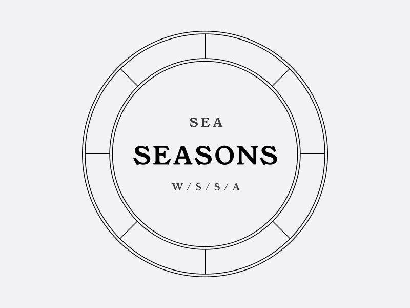 A logo with SEA - Seasons in the middle of a circle. An outer ring is divided into eighths.