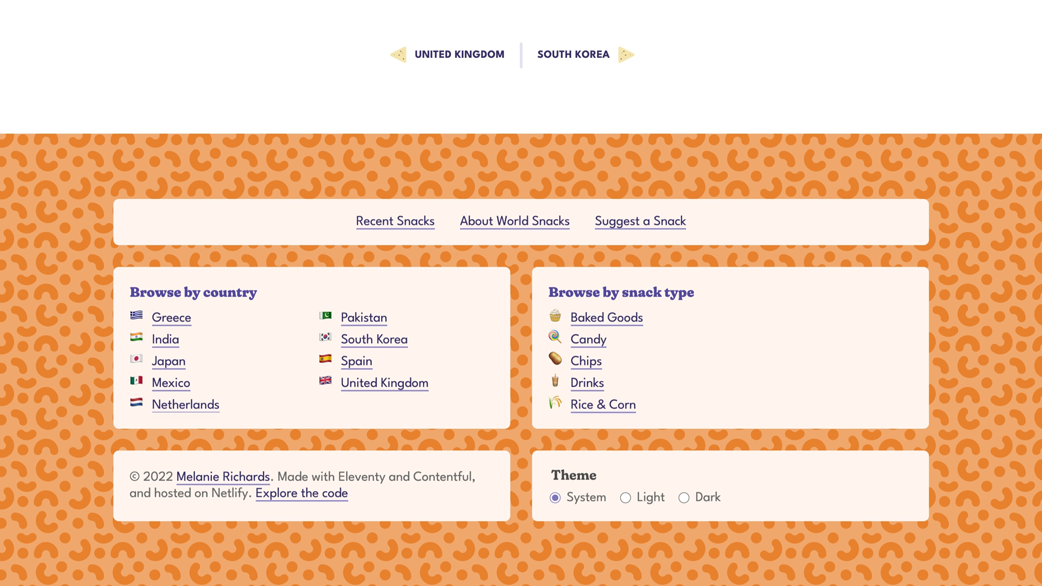 Country pagination that uses a tortilla chip icon for the arrows. A footer with a pattern of geometric cheese puffs.