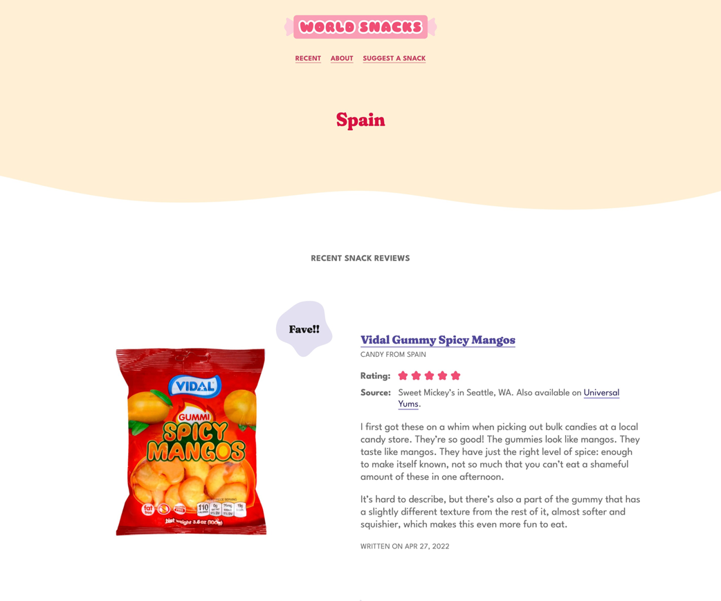 A page titled Spain with a review for spicy gummy mangos