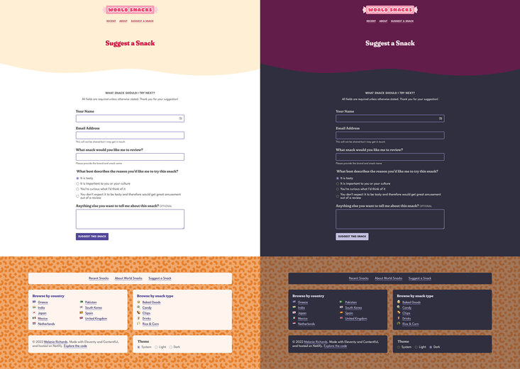 The snack suggestion form rendered in light (cream, purple, and grey on white) and dark (various shades of dark purples)