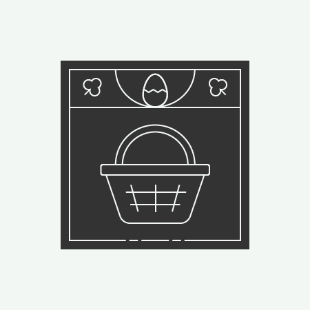 An icon with a basket, an egg that has a zigzag design, and two clovers in the corner.