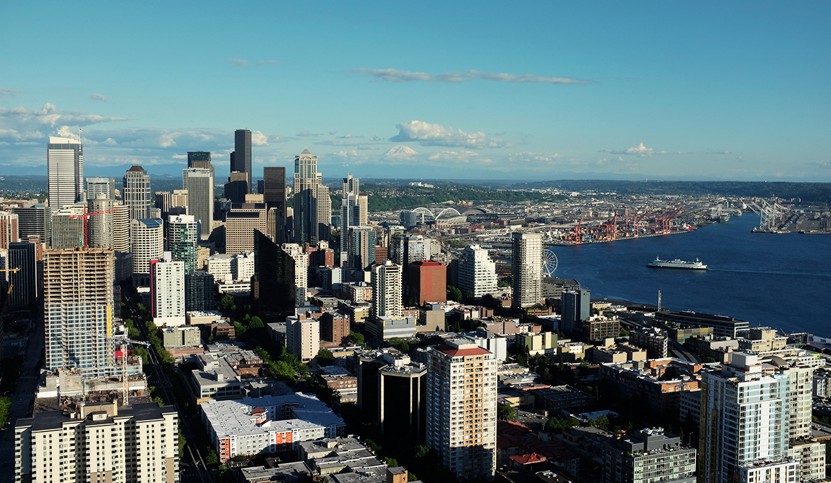 View of downtown Seattle and Puget Sound from on high on the Space Needle