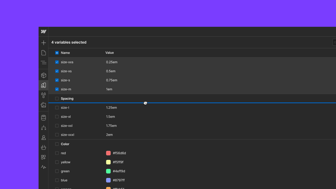 A user has selected multiple variables in the Webflow Designer and is dragging to reorder them.