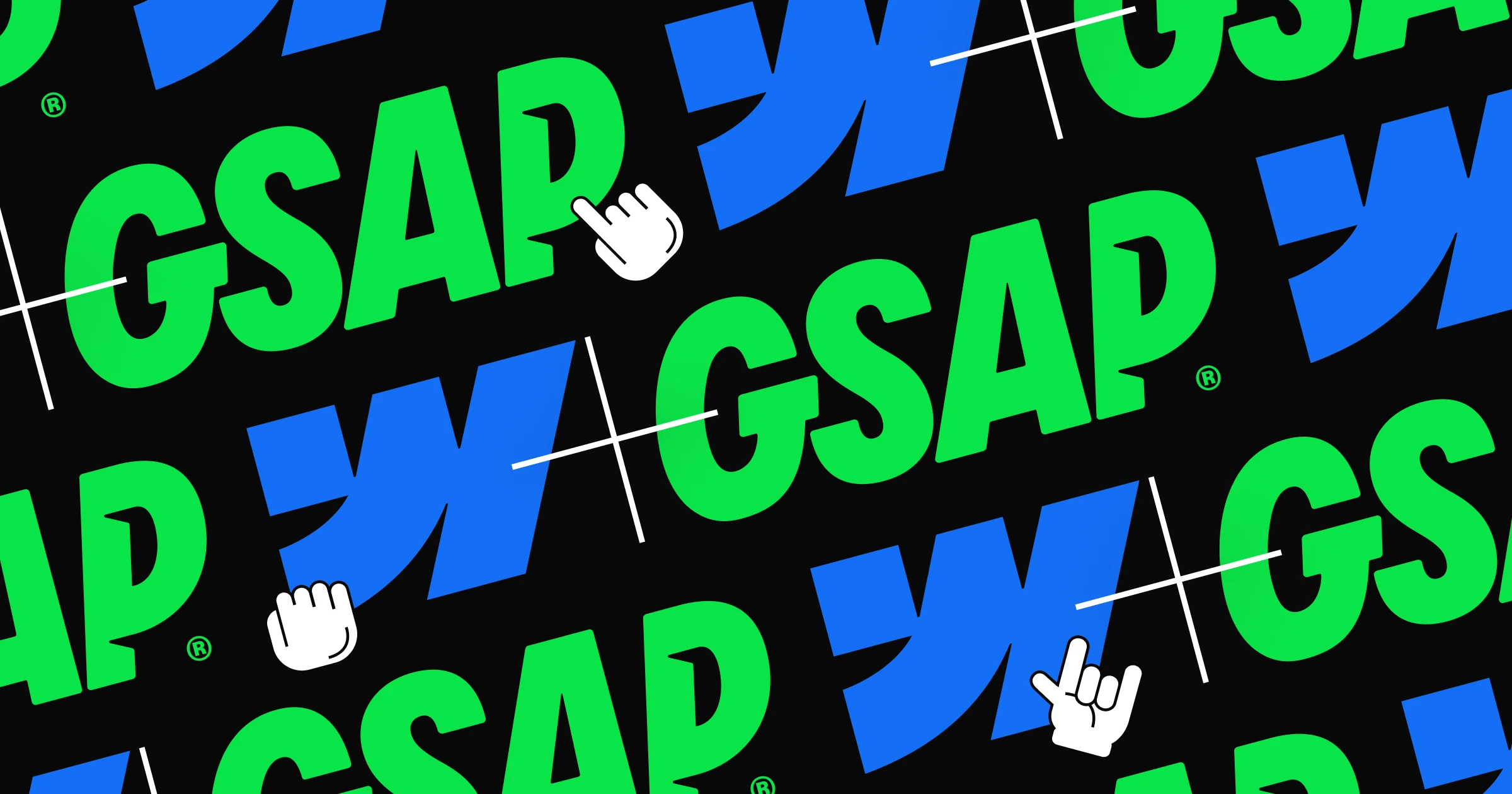 A vector illustration with a tiled pattern of Webflow and GSAP logos, overlaid with a couple hand cursor icons