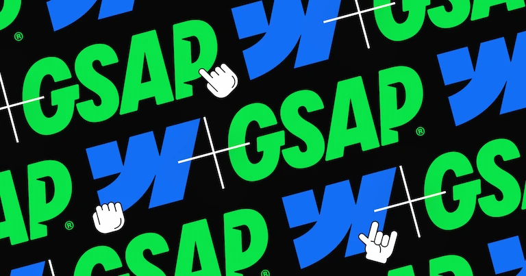 A vector illustration with a tiled pattern of Webflow and GSAP logos, overlaid with a couple hand cursor icons